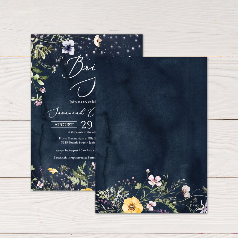 May include: A navy blue invitation with a floral design and the text "Bri" and "Join us to celebrate Javannah T. August 29 at 2 o'clock in the afternoon Hurst Planetarium at Ella S. 3225 Fourth Street - Jacks 14 by August 20 to Anna Savannah is registered at Potter"