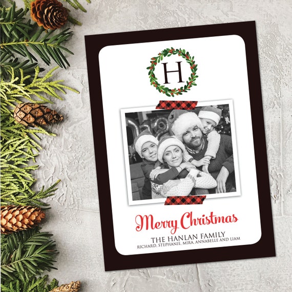 Monogram Wreath Christmas card, red and black, tartan Christmas wreath monogram holiday card, custom plaid Christmas photo card