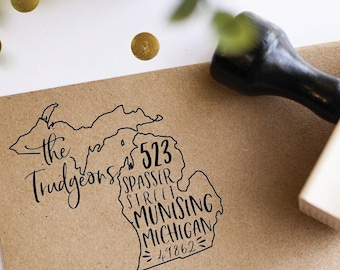 Michigan address Stamp - Self Inking Return Address Stamp - Personalized Stamp for a Housewarming gift for a move to Michigan - state stamp