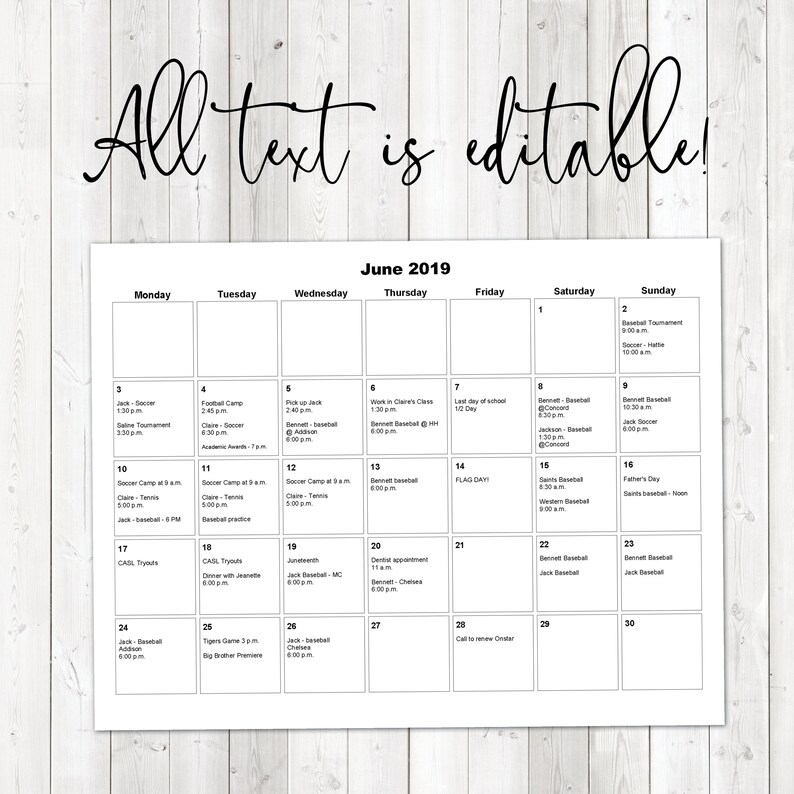 Printable Calendar with editable text Editable Monthly Etsy