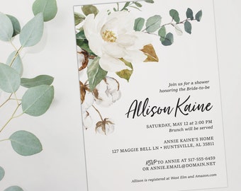 Magnolia bridal shower, Cotton bridal shower invitation, white on white wedding shower invitation, printable shower invitation