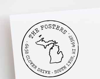 Michigan State Outline Personalized Return Address Stamp - Custom Michigan Home Address Stamp for Envelopes and Stationery