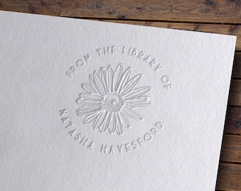 Personalized Daisy Book Embosser: Vintage Bookplate Stamp