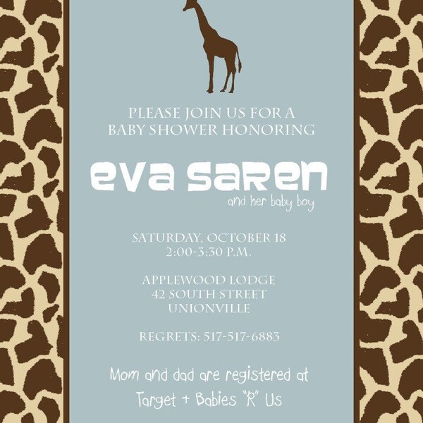 A safari-inspired, giraffe patterned baby shower announcement - in blue or pink
