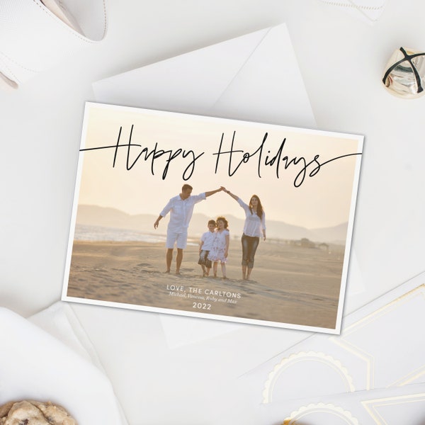 Simple classy Christmas card, Happy Holidays in handwriting script, holiday card with photo, custom personalized card