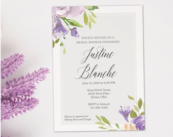 Elegant Floral Bridal Shower Invitation, Watercolor Purple Flowers, Customizable Event Details, Stylish Script Font