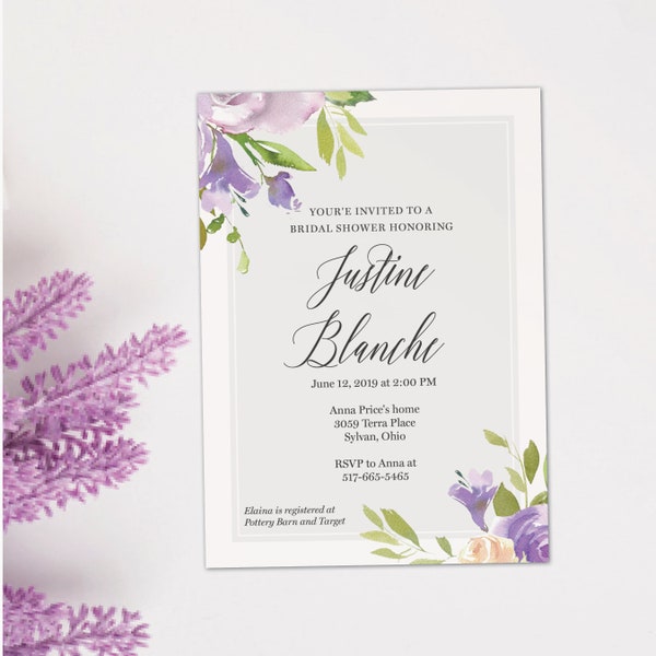 Elegant Floral Bridal Shower Invitation, Watercolor Purple Flowers, Customizable Event Details, Stylish Script Font