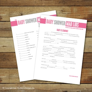 Baby shower Mad Libs, printable baby shower game, instant download, Mad Libs in pink and gray image 1