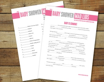 Baby shower Mad Libs, printable baby shower game, instant download, Mad Libs in pink and gray