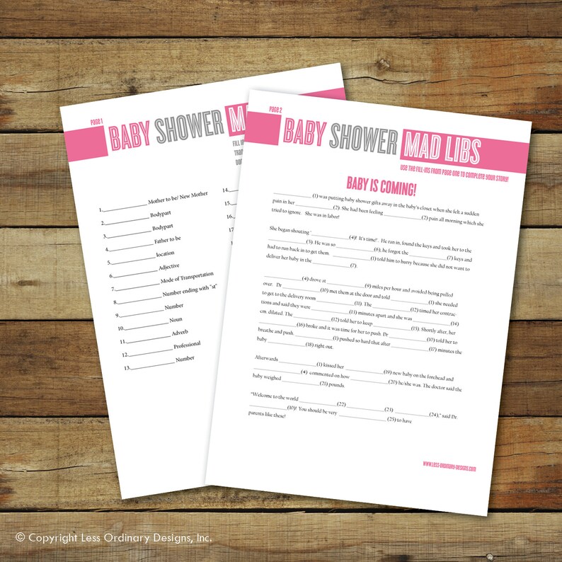 Baby shower Mad Libs, printable baby shower game, instant download, Mad Libs in pink and gray image 1