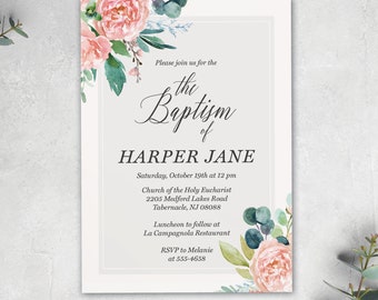 Pretty Baptism Invitation or First Communion Invitation, with pink roses for a girl