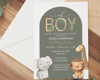 Cute Safari Baby Shower Invite - Oh Boy! Safari Animals for a Gender Neutral Baby Shower with Cute Jungle Theme, Tropical Leaves