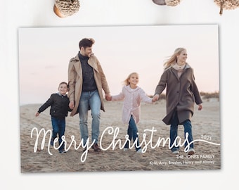 Simple classy Christmas card, Merry Christmas in handwriting script, holiday card with photo, custom personalized card