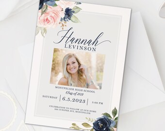 Photo graduation invitation - navy and blush roses graduation card, photo graduation party invite - class of 2023 - girl graduation card