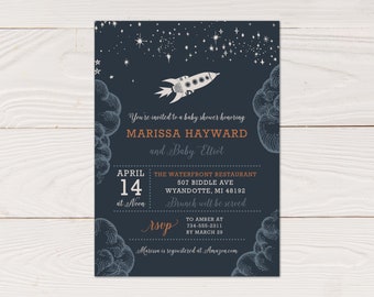 Rocket Ship Baby Shower Invitation, Outer Space Baby Shower theme, Modern baby shower printed cards or Printable Baby Shower Invitation.