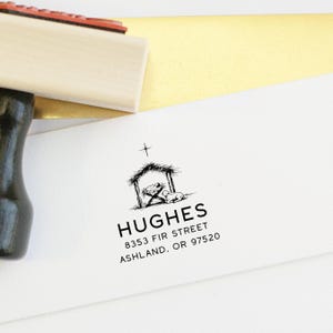 Christmas Card Address Stamp - Hand-Drawn Look Nativity Stamp - Artistic Christmas Address Stamp - Customizable Wood or Self-Inking