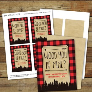 Lumberjack valentine cards printable featuring buffalo plaid, wood you be mine valentines are editable pdf files and instant downloads image 3