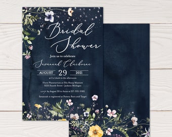 Wildflowers Bridal Shower Invitation - Summer bridal shower invite with lights and wildflowers Wedding shower invite, fireflies wedding