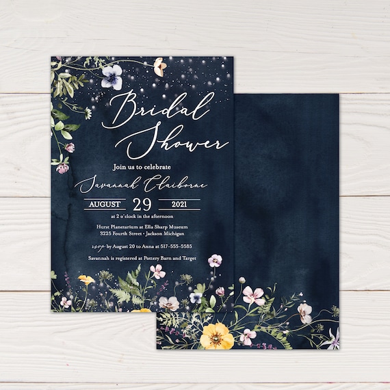 Wildflowers Bridal Shower Invitation - Summer bridal shower invite with lights and wildflowers Wedding shower invite, fireflies wedding