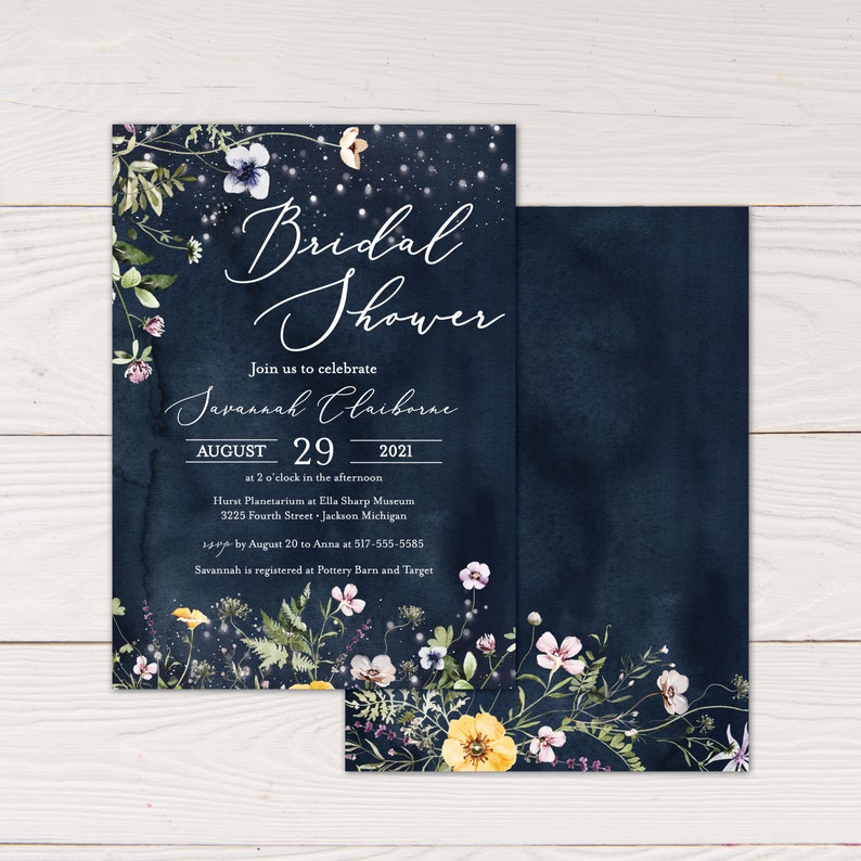 May include: A navy blue bridal shower invitation with white floral illustrations and gold glitter. The invitation reads "Bridal Shower" and "Join us to celebrate Savannah Claiborne" with the date "August 29, 2021".