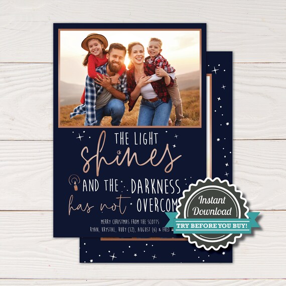 DIY Light Shines in the Darkness Christmas card, Bible Verse Christmas card, John 1:5, Editable with Corjl
