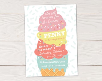 Ice Cream Birthday Invitation, We all scream for Ice cream party invite with ice cream cone, printable or printed cards