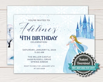 Snow queen birthday party invitation, Snow princess birthday party invite, DIY instant download, edit with Corjl