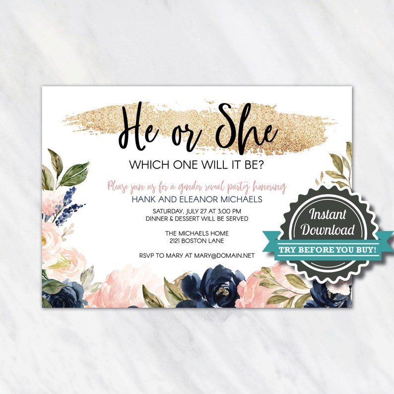 Gender Reveal Invitation Navy Blue and Pink Gender Reveal Etsy UK