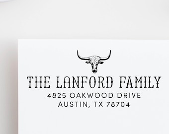 Adressstämpel Western Cowboy-skalle Anpassad returadress, Family Ranch självbläckande stämpel, Texas Longhorn Cowboy-nötkreatur-logotyp Inflyttningspresent