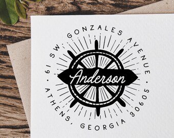Personalized Boat Captain's Stamp - Ship's Wheel Address Stamp - Perfect for Housewarming gift - Nautical Stamp - Self-Ink or Wood