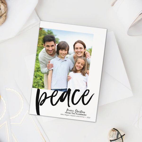 Peace Christmas card, Peace in handwriting script, Simple minimalist holiday card with photo, custom personalized card