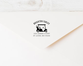 Adresstempel golfkar - cadeau voor golfer - zelfinktende of houtblokretourstempel voor thuis op golfbaan