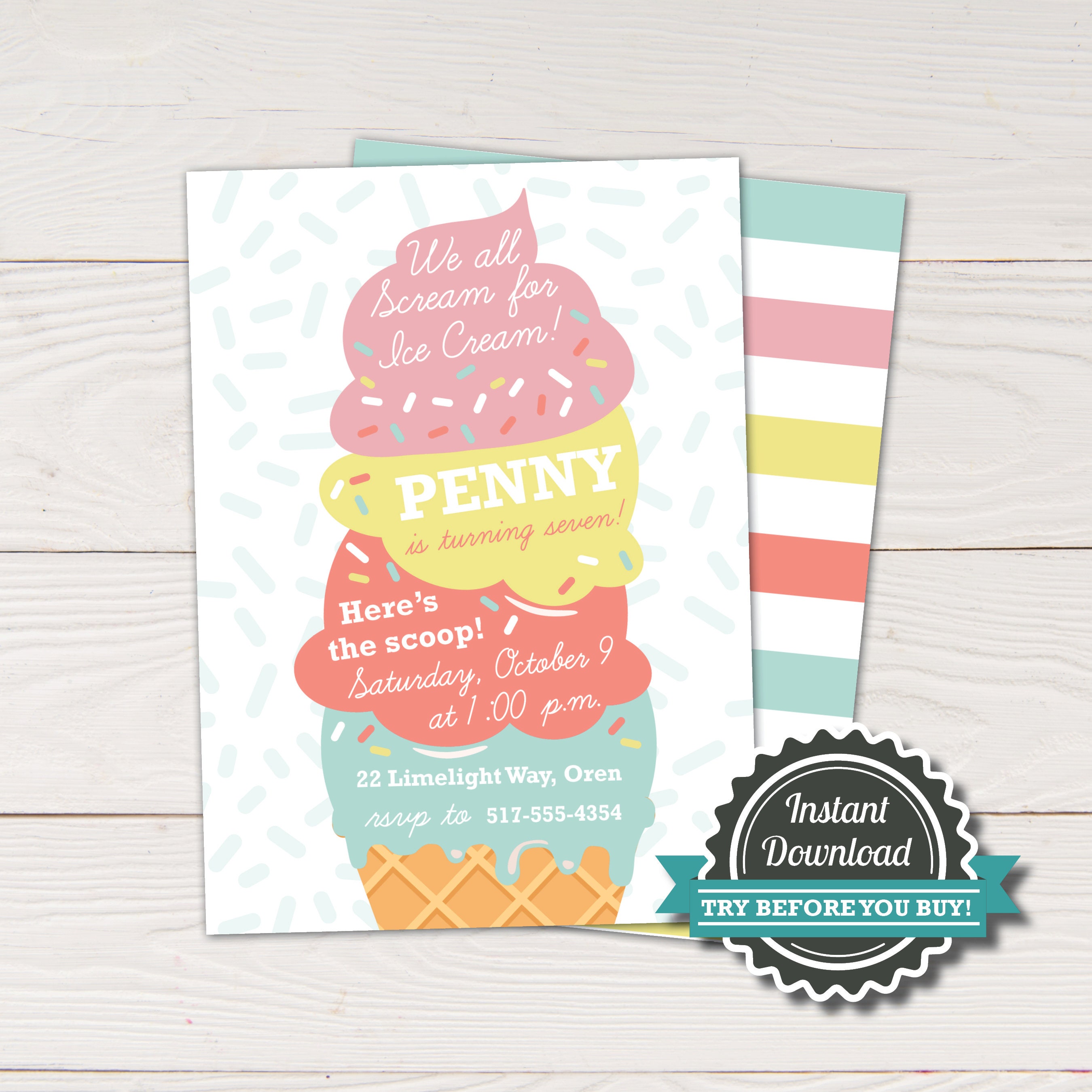 Ice cream party invitation Ice cream cone birthday party invite Ice cream themed invitation DIY Instant download edit with