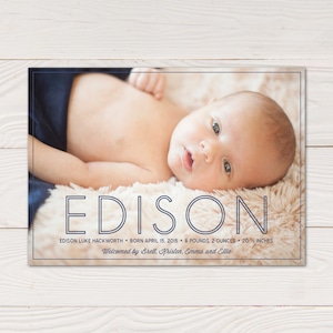 Modern birth announcement, baby photo card, custom baby announcement, personalized thank you for baby gifts, baby boy or baby girl