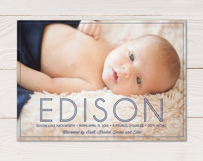 Modern birth announcement, baby photo card, custom baby announcement, personalized thank you for baby gifts, baby boy or baby girl