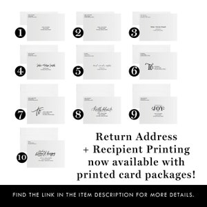 May include: A collection of white envelopes with black text, showcasing various address formats and stylized greetings like "To:" and "Sending Joy." The image also includes the text "Return Address + Recipient Printing now available with printed card packages!"