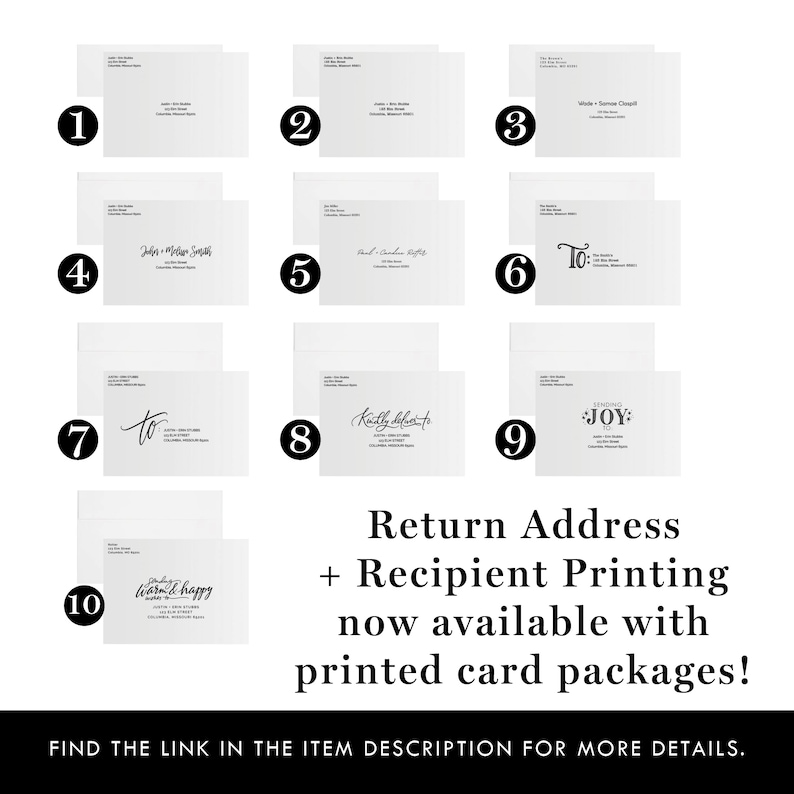 May include: A collection of white envelopes with black text, showcasing various address formats and stylized greetings like "To:" and "Sending Joy." The image also includes the text "Return Address + Recipient Printing now available with printed card packages!"