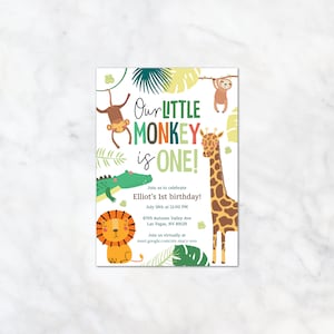 Safari birthday party, Our Little Monkey is turning one, Jungle 1st birthday party, monkey, giraffe, alligator, lion and sloth invite