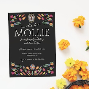 Day of the Dead Birthday Invitation - Dia de los Muertos Fiesta Invite - Sugar Skull Party Card - Papel Picado Design - Customizable