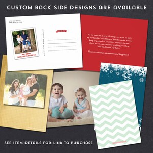May include: A collection of custom holiday card designs. The cards feature family photos, festive patterns, and text that reads "CUSTOM BACK SIDE DESIGNS ARE AVAILABLE" and "SEE ITEM DETAILS FOR LINK TO PURCHASE". Various designs are shown.
