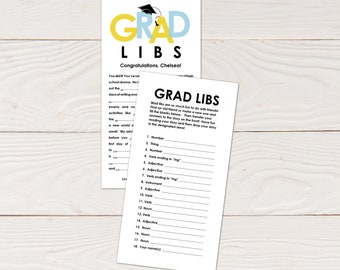 Grad Libs - Graduation mad lib advice cards in yellow and blue, printable instant download, editable pdf