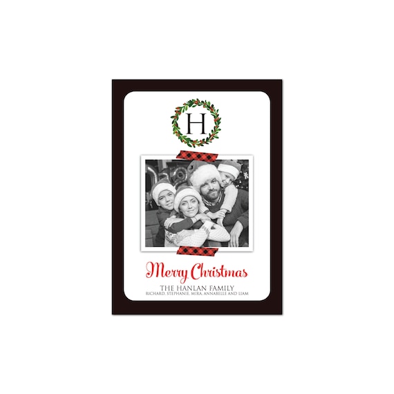 Tartan plaid Christmas card, red and black, tartan Christmas wreath monogram holiday card, custom plaid Christmas photo card