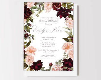 Burgundy Blush Floral Bridal Luncheon Invitation, Elegant Wedding Shower Invite, Printed or Printable