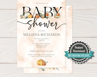 May include: Baby shower invitation with a watercolour background. The invitation features the words "Baby Shower" with pumpkins and floral accents. The invitation includes the honoree's name, date, time, and location.