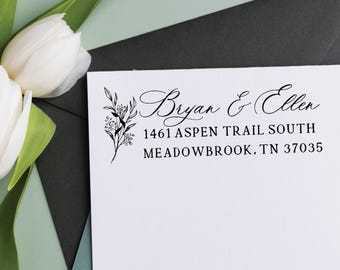 Custom Wedding Invitation Stamp - Personalized Botanical Address Stamp - Elegant Rubber Stamp