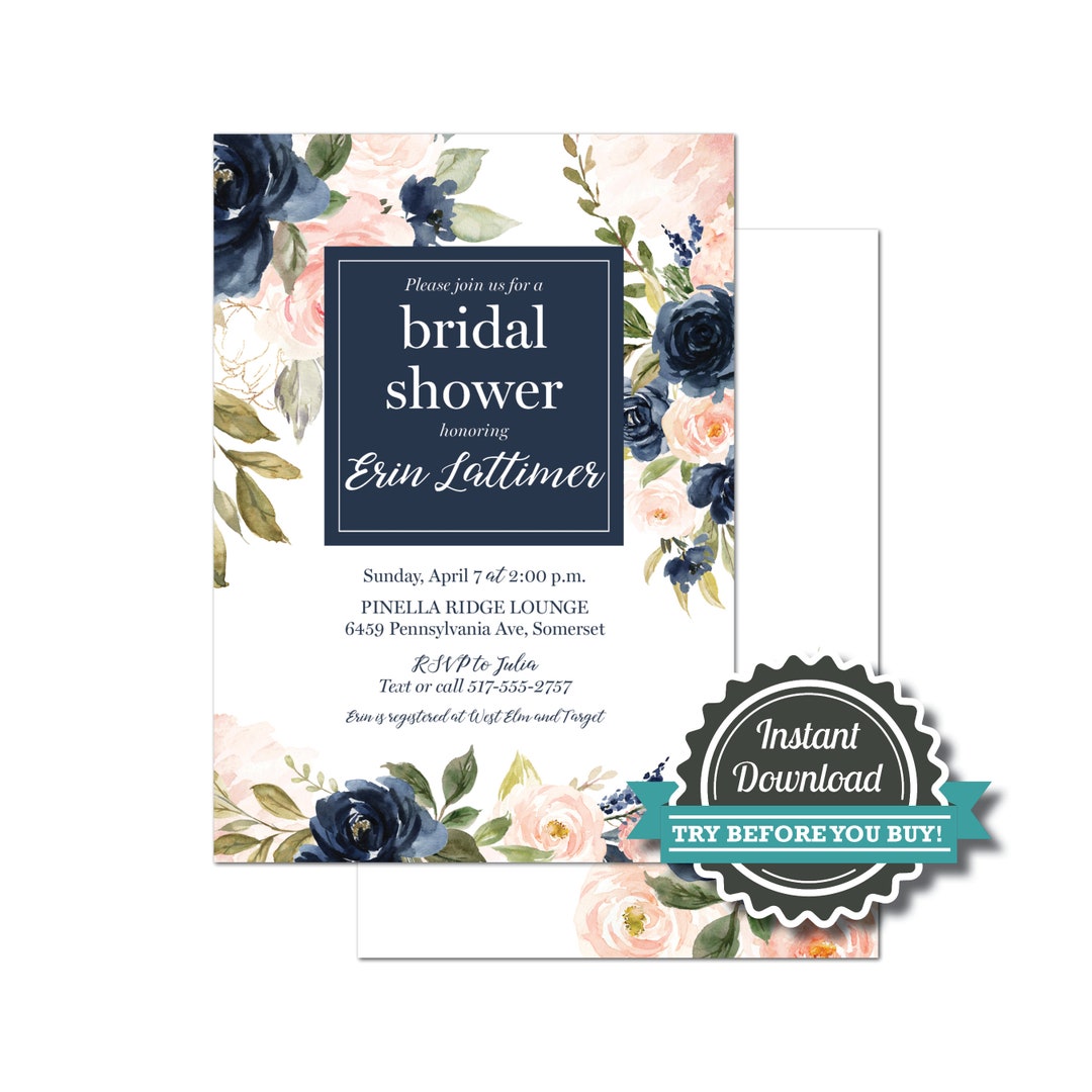 Pink and Navy Bridal Shower Invitations, Blush Pink and Navy Blue ...