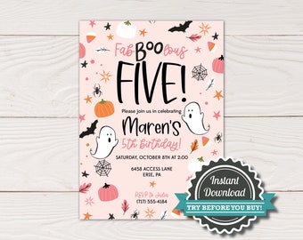 Halloween birthday party invitation, Pink ghost birthday party invite, girl Halloween themed invitation, DIY Instant download, edit w Corjl