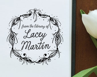 Personalized Mother’s Day Gift - Custom Bookplate Stamp - Boho Feather Library Stamp for Moms