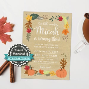Pumpkin patch birthday party invitation, Fall themed birthday party invite, pumpkin themed party invite, DIY Instant download, edit w Corjl