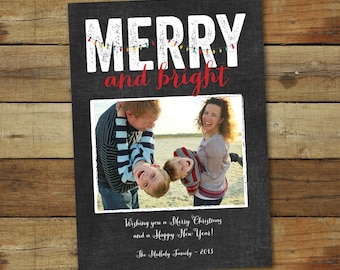 Holiday photo card printable chalkboard style, Christmas cards Merry and Bright, printable or printed cards with free overnight shipping